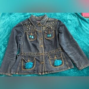 Mwah Jeans Denim Jacket 1X Boho Western Tassel Studded Upcycled Festival